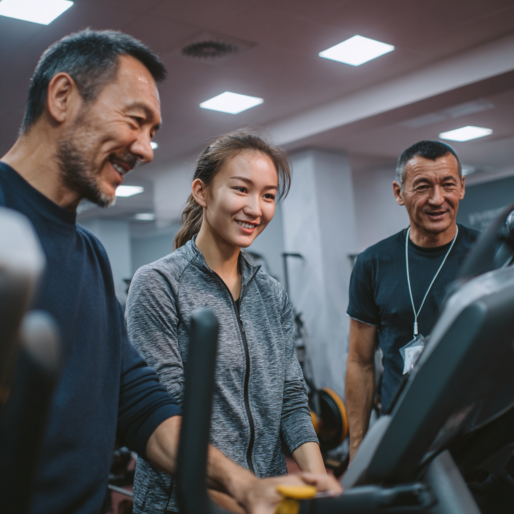 Группа взрослых людей казахского происхождения различного возраста улыбаются после тренировки в современном фитнес-зале